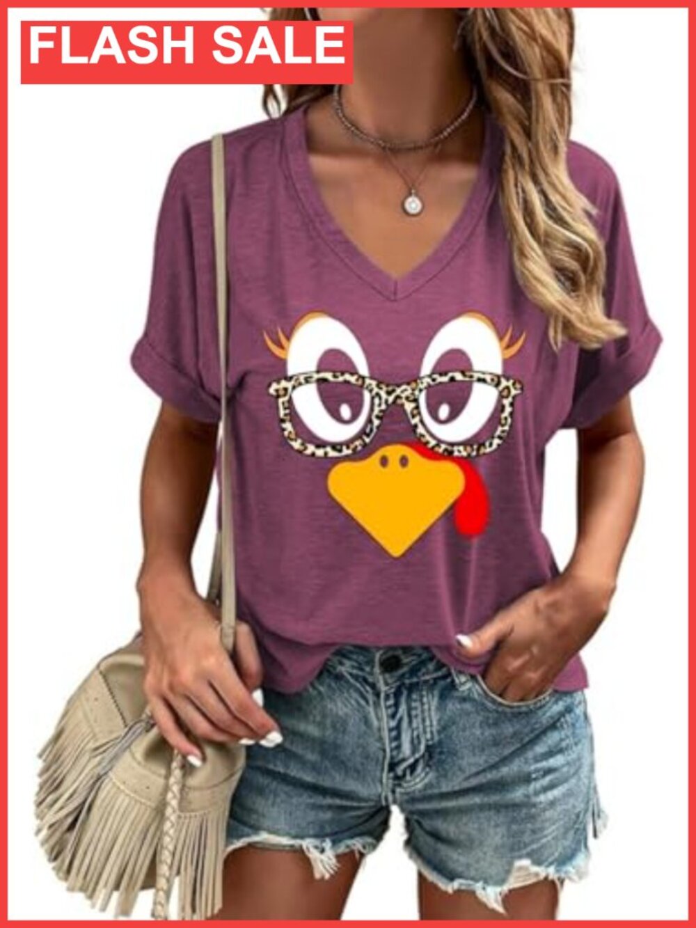 Womens V Neck Short Sleeve Thanksgiving Turkey T-Shirt Fall Casual